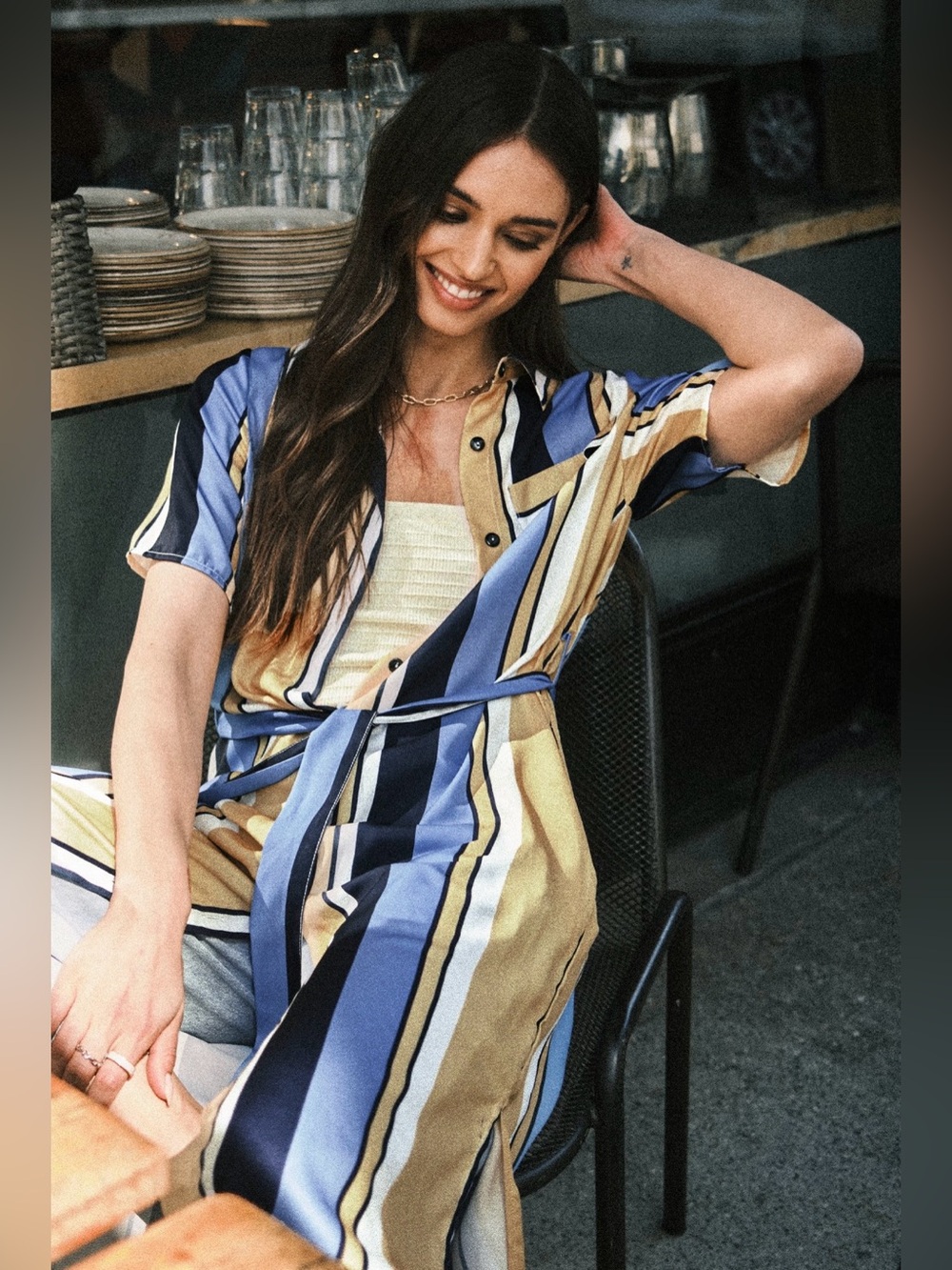 Cupshe • Women’s Blue & Yellow Stripe Collared Front Button Midi T-Shirt Dress - Picture 4 of 6